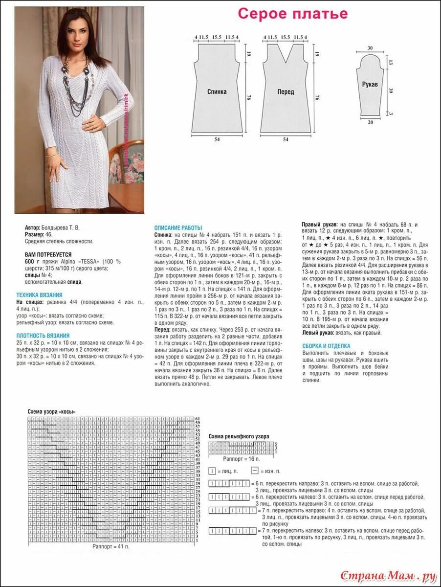 Платье спицами для женщин схемы и описание Элегантное серое платье с косами и рельефными узорами (спицы). Knit fashion, Alp
