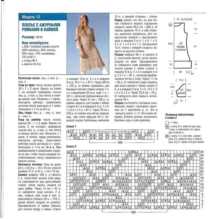 Платье спицами схема и описание Платье с ажурными ромбами и каймой. Вязание, Схемы вязания, Платья