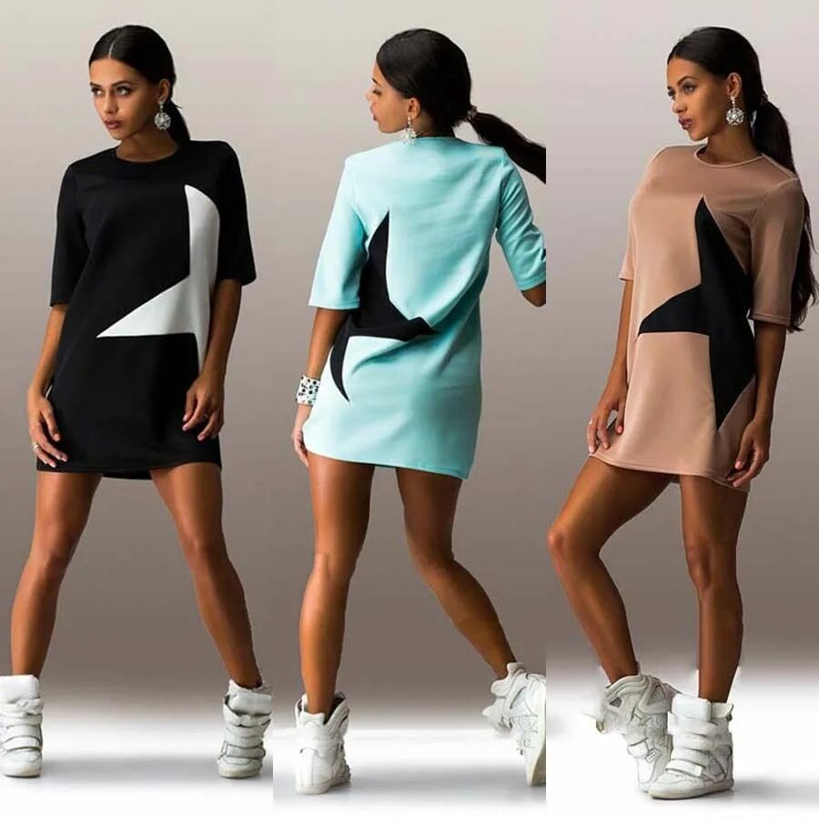 Платье спорт шик фото Women Casual Print Star Shirt Fashion Clubwear Sports Style Black Mini Dress Оде