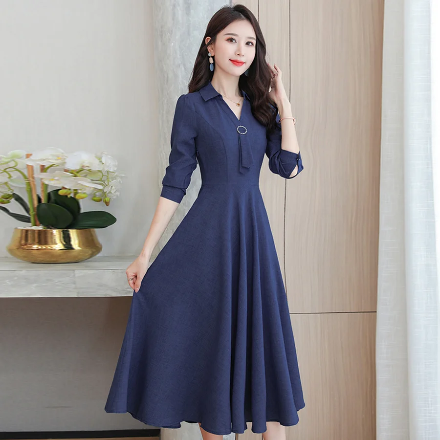 Платье средней длины фото Осень-зима 2024, однотонные элегантные женские винтажные платья средней длины из