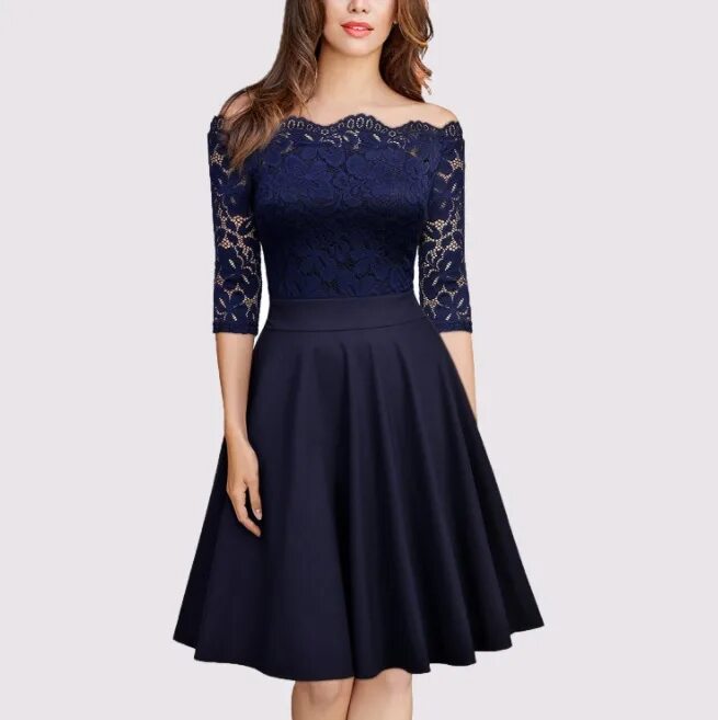 Платье средней длины фото Платье средней длины с короткими рукавами цвет: ТЕМНО-СИНИЙ Платья средней. Плат