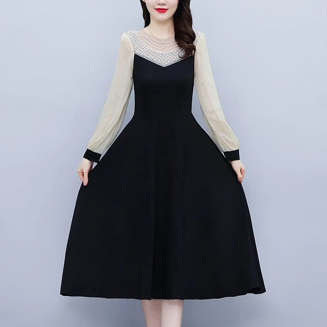 Платье средней длины фото Женское винтажное платье средней длины, черное платье составного кроя с длинным 