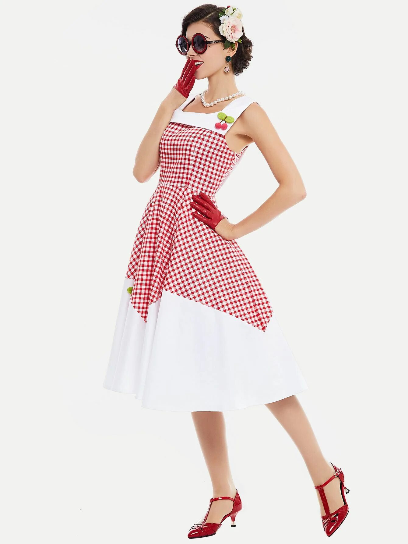 Платье стиль стиляги женское Contrast Checkered Cherry Detail Flare Dress -SheIn(Sheinside) Checkered dress, 