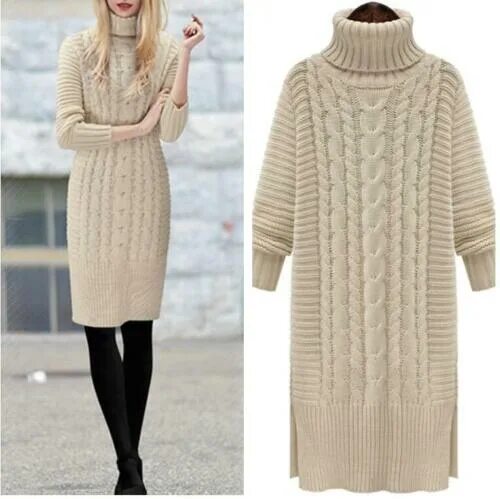 Платье свитер фото Women Loose Fit Thick Long Sweater Dress Warm Maxi Turtleneck Chunky Knitted New