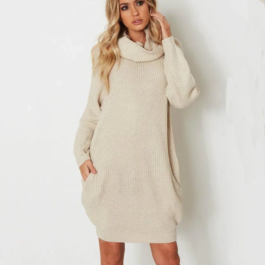 Платье свитер фото Женское Трикотажное Платье-свитер Оверсайз С Длинным Рукавом,Зима 2019 - Buy Вяз