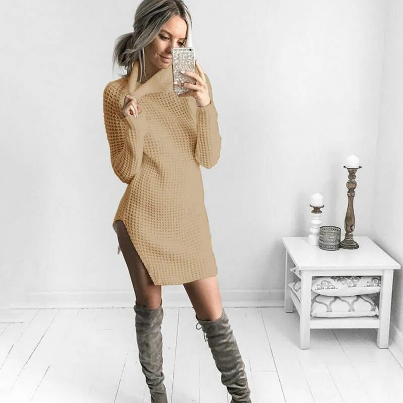 Платье свитер фото Womens Turtleneck Sweater Dress Jumper Knitted Ladies Split Sweater купить недор