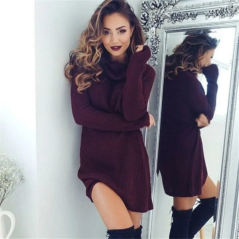 Платье свитер фото Women's Winter O-Neck Full Regular A-Line Short Skirts Sweater Dresses Casual Kn