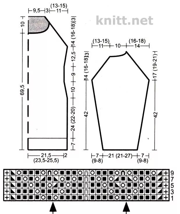 Платье свитер выкройка korichnevoe-plate-s-azhurnymi-rukavami-spicami-shema Вязание, Платья, Спица