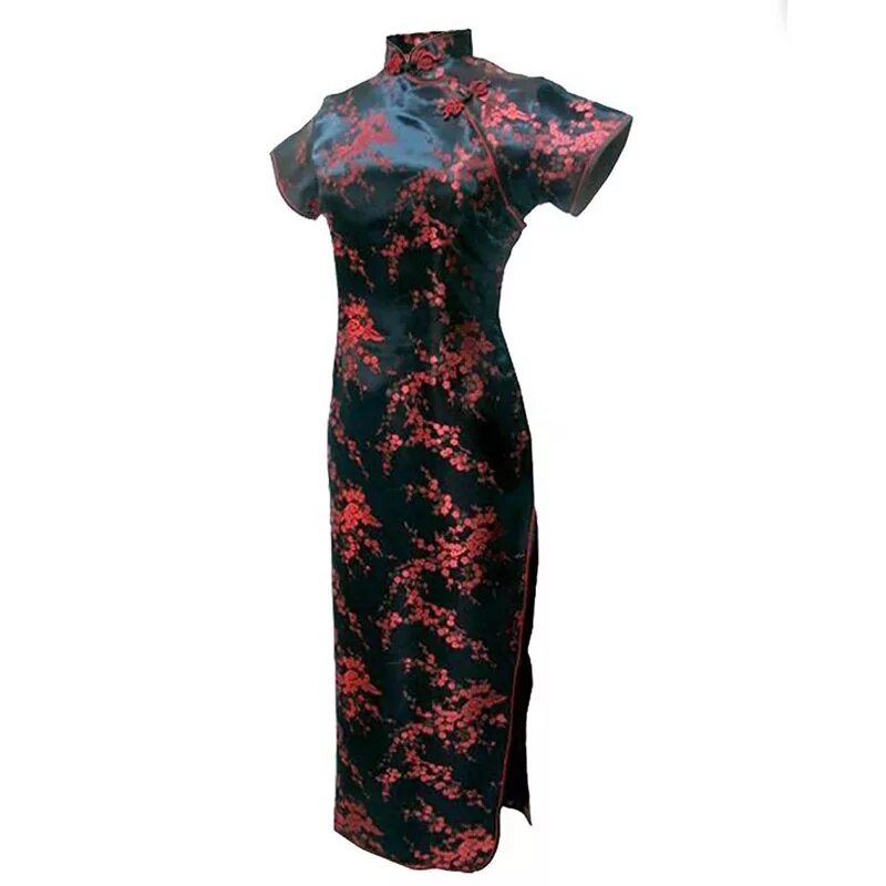 Платье ципао фото Black-Red Chinese Traditional Dress Sexy Women Satin Qipao Long Cheongsam Flower