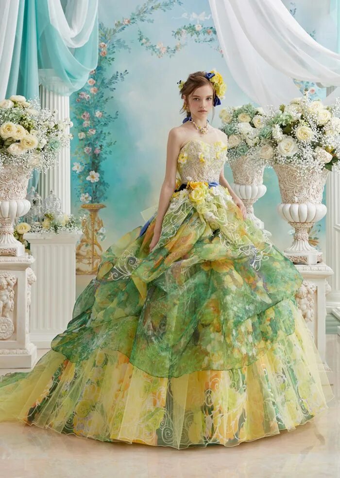 Платье цветные фото This lime yellow x green ball gown from Stella de Libero featuring floral prints