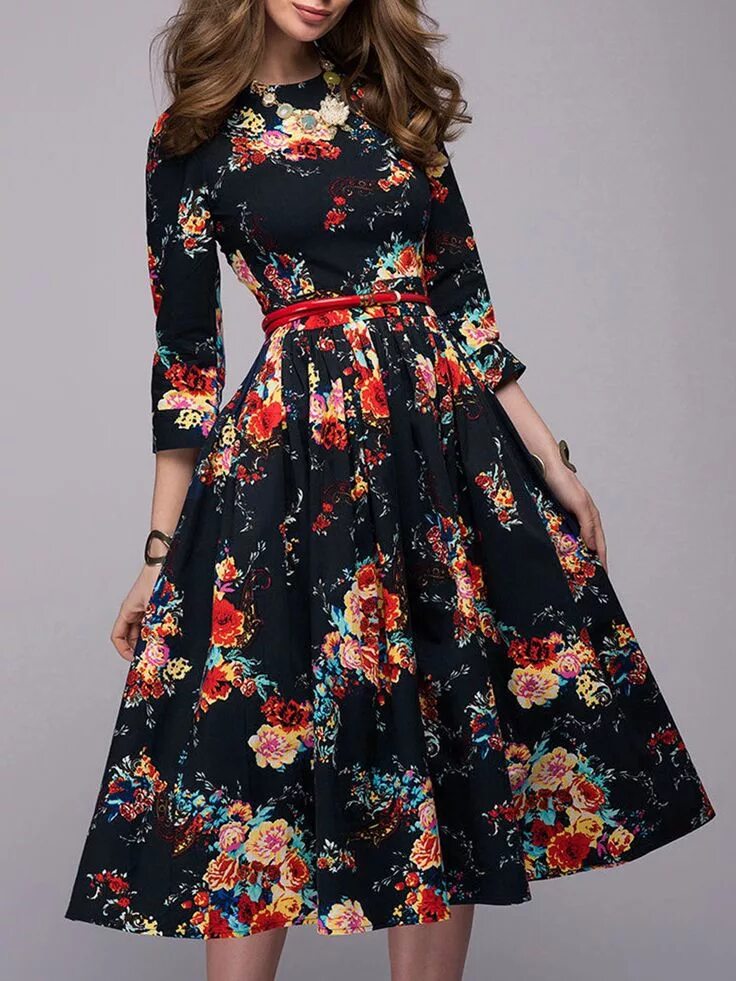 Платье цветные фото Round Neck Floral Printed Skater Dress in 2019 Dresses, Fashion dresses, Skater 
