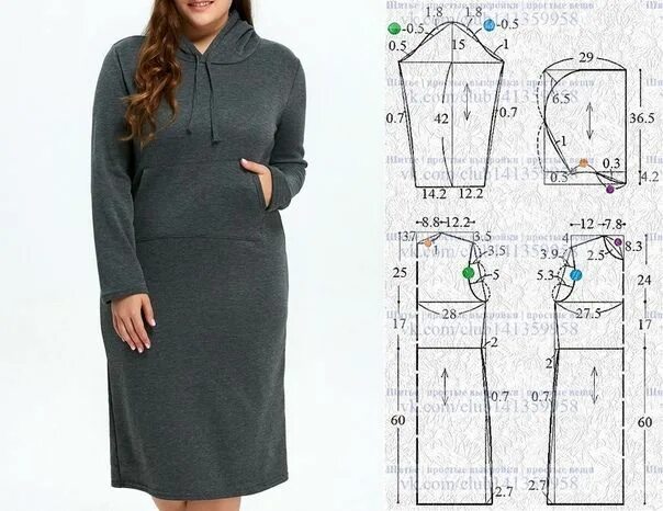 Платье толстовка выкройка Трикотажное платье-худи с капюшоном, выкройка на размер 50-54 (рос.). #простыевы
