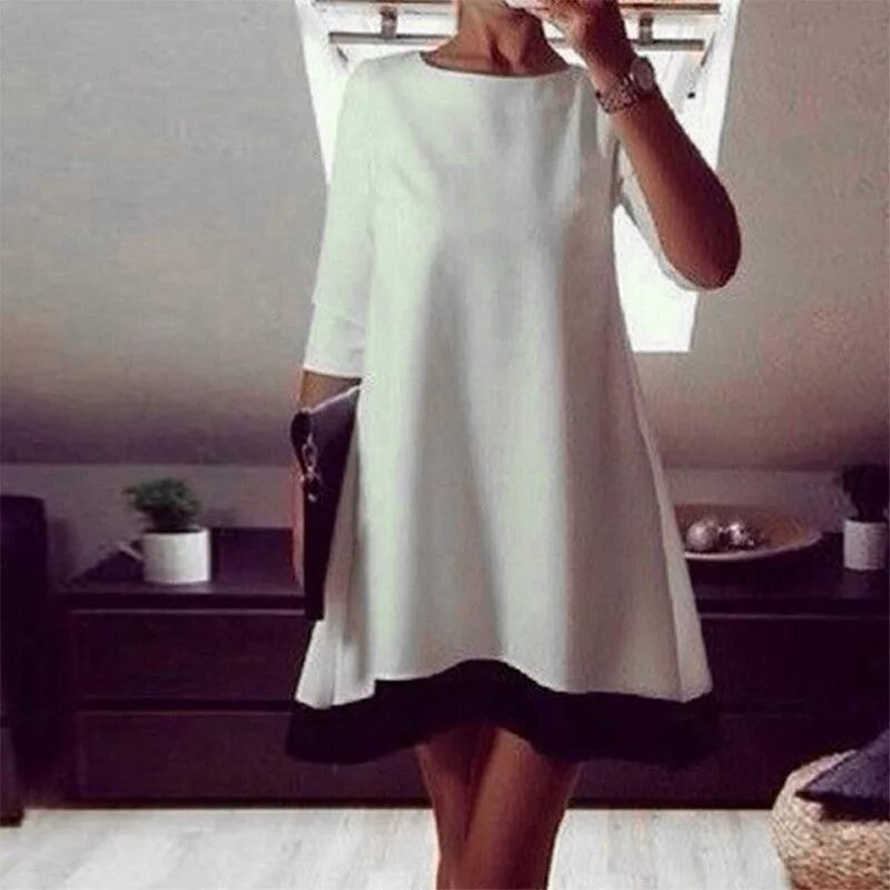 Платье трапеция фото Hot 2018 New Women Dress Three Quarter Sleeve Patchwork Mini Dress Casual O Neck
