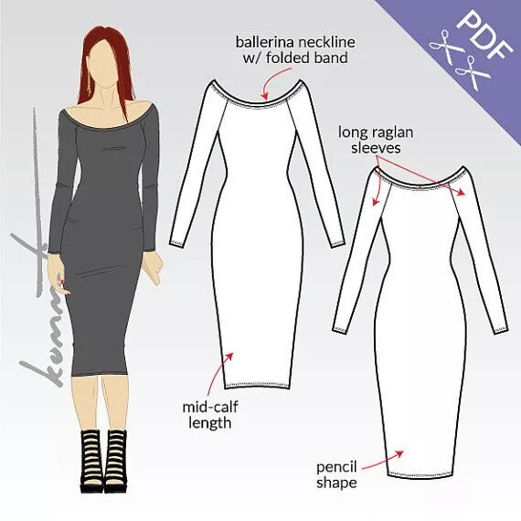 Платье уэнсдей выкройка Bodycon midi dress with long raglan sleeves and ballerina neckline / Sewing patt