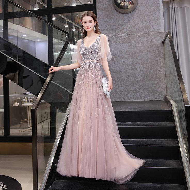 Платья 2020 фото High-end Blushing Pink Evening Dresses 2020 A-Line / Princess Deep V-Neck Short 