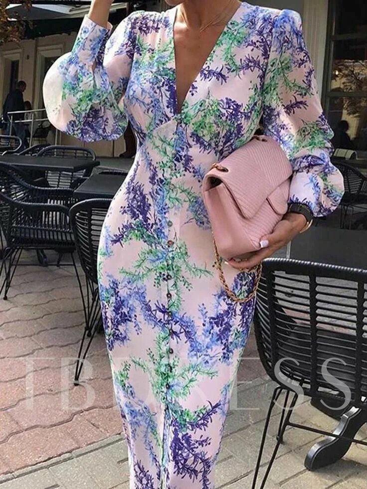 Платья 2020 года фото Nine Points Sleeve Mid-Calf V-Neck Print Single-Breasted Women's Sheath Dress Sl