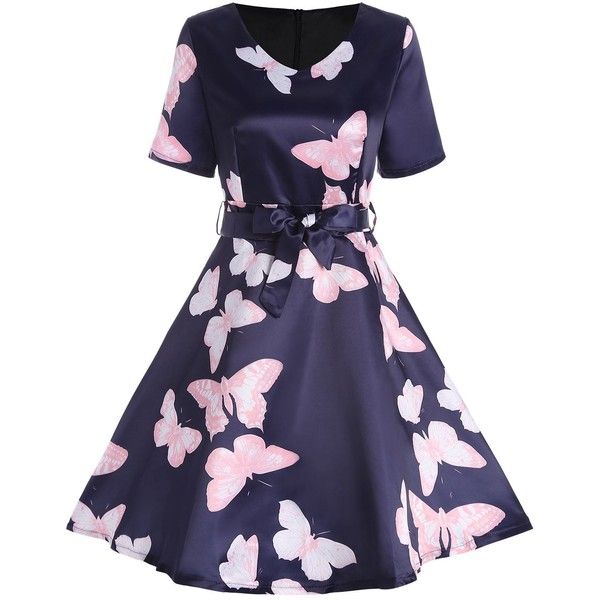Платья бабочка фото V Neck A Line Butterfly Print Dress ($20) ❤ liked on Polyvore featuring dresses,