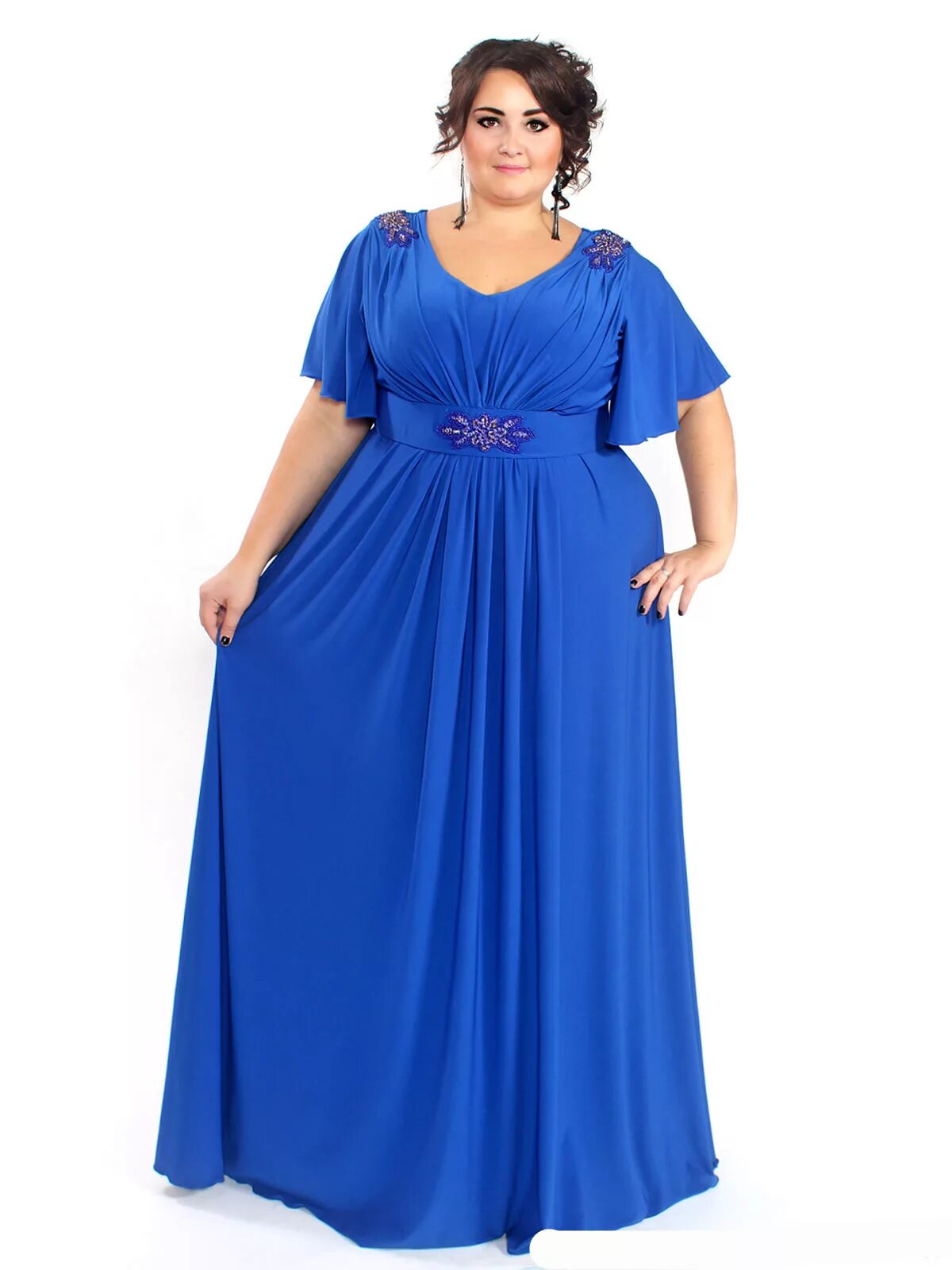 Платья большие фото Платье в пол с драпировкой на талии и брошами, василек - купить в Москве ◈ цена 