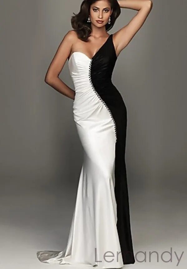 Платья черно белого цвета фото white and black one shoulder mermaid satin evening dress zipper back. $188.00, v