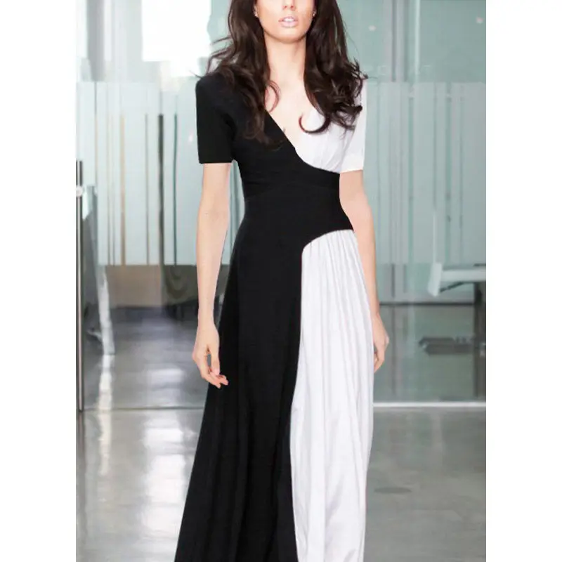 Платья черно белого цвета фото Женское Белое и черное платье в стиле пэчворк, длинное платье с глубоким V-образ