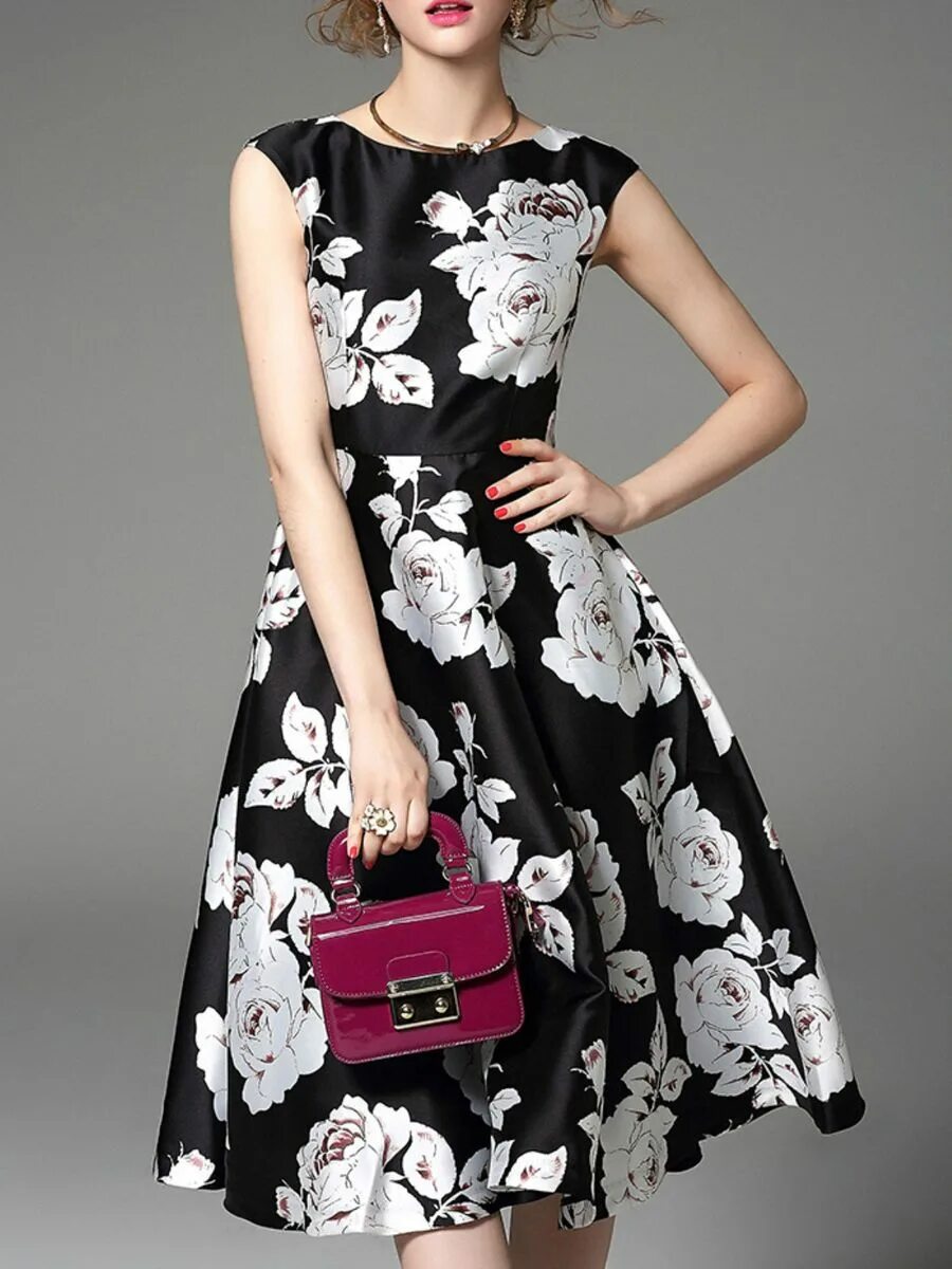 Платья черные с цветами фото USD $76.00 Floral-print Sleeveless Swing Midi Dress Floral print midi dress, Pre