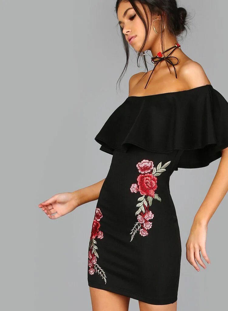 Платья черные с цветами фото Kleding en accessoires Lady Elegant Formal Black Rose Flower Bardot Off Shoulder