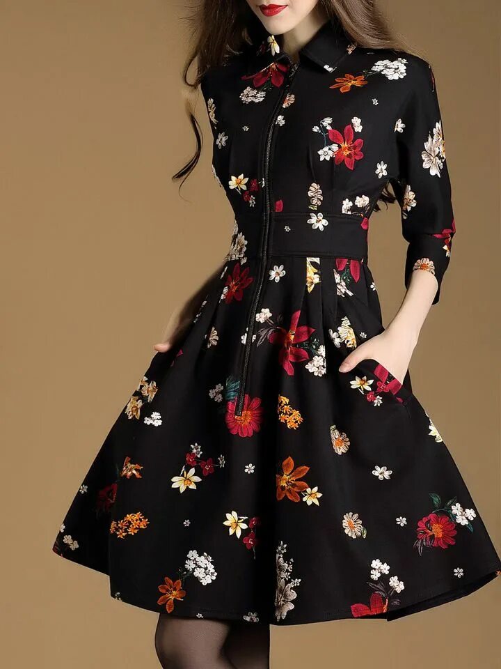 Платья черные с цветами фото Black Lapel Floral A-Line Dress Modestil, Jw mode, Tageskleider