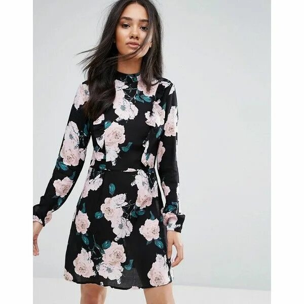 Платья черные с цветами фото Ax Paris High Neck Black Floral Mini Dress ($42) ❤ liked on Polyvore featuring d