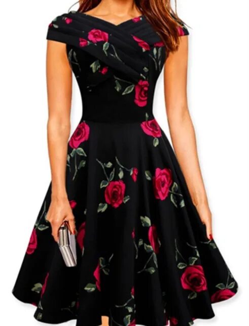 Платья черные с цветами фото Платье средней длины с короткими рукавами цвет: ЧЕРНЫЙ + КРАСНЫЙ Длинные. Повсед