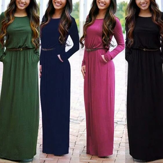 Платья длинные модели фото Модное осеннее женское сплошное цветное повседневное вечернее платье с длинным р