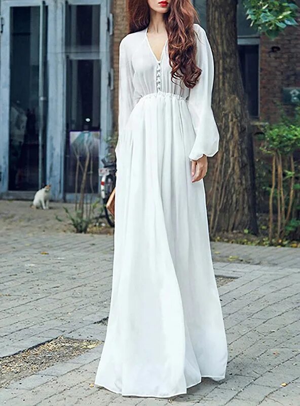 Платья длинный рукав фото Vintage Style Chiffon Maxi Dress - White / Puff Sleeve / Long Sleeve - X3E642642