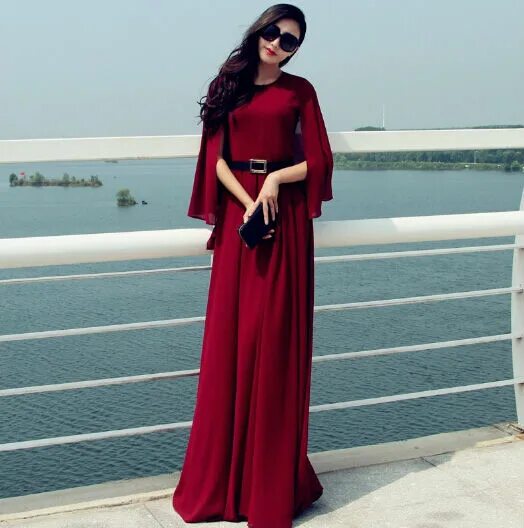 Платья длинный рукав фото Wbctw 2018 Осень Макси Для женщин плащ шифоновое платье длиной макси Винтаж плюс