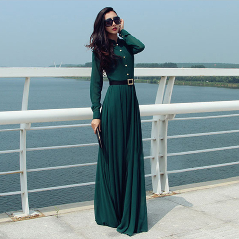 Платья длинный рукав фото Купить 2016 Новая весна осень зеленый длинные стенд воротник винтажное платье ши