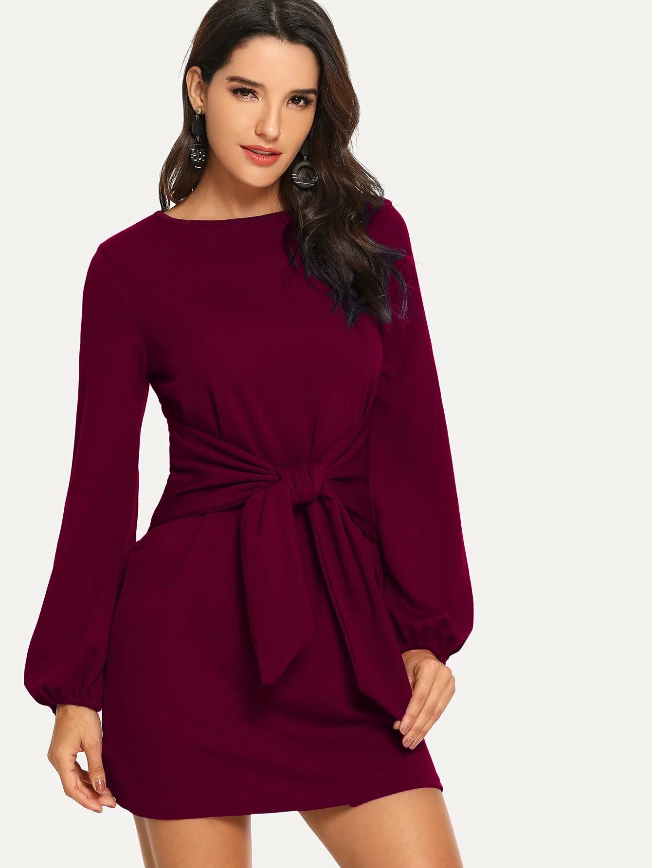 Платья длинный рукав фото Платье с длинным рукавом и широким поясом shein купить в интернет-магазине онлай