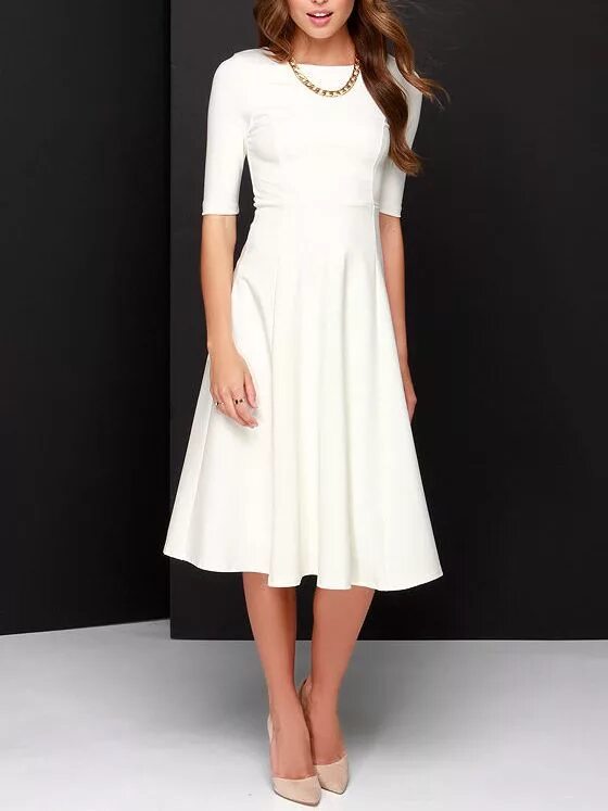 Платья длиной миди фото White Concert Half Sleeve Elbow Sleeve Flare Dress Midi dress with sleeves, Dres