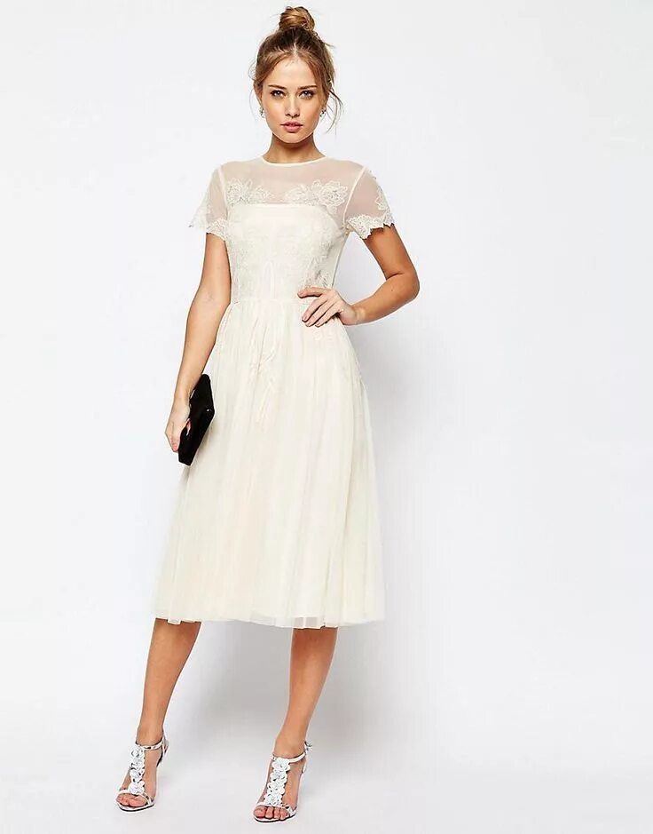 Платья длиной миди фото ASOS SALON Lace Applique Mesh Midi Skater Dress at ASOS Кружевные рукава платья,