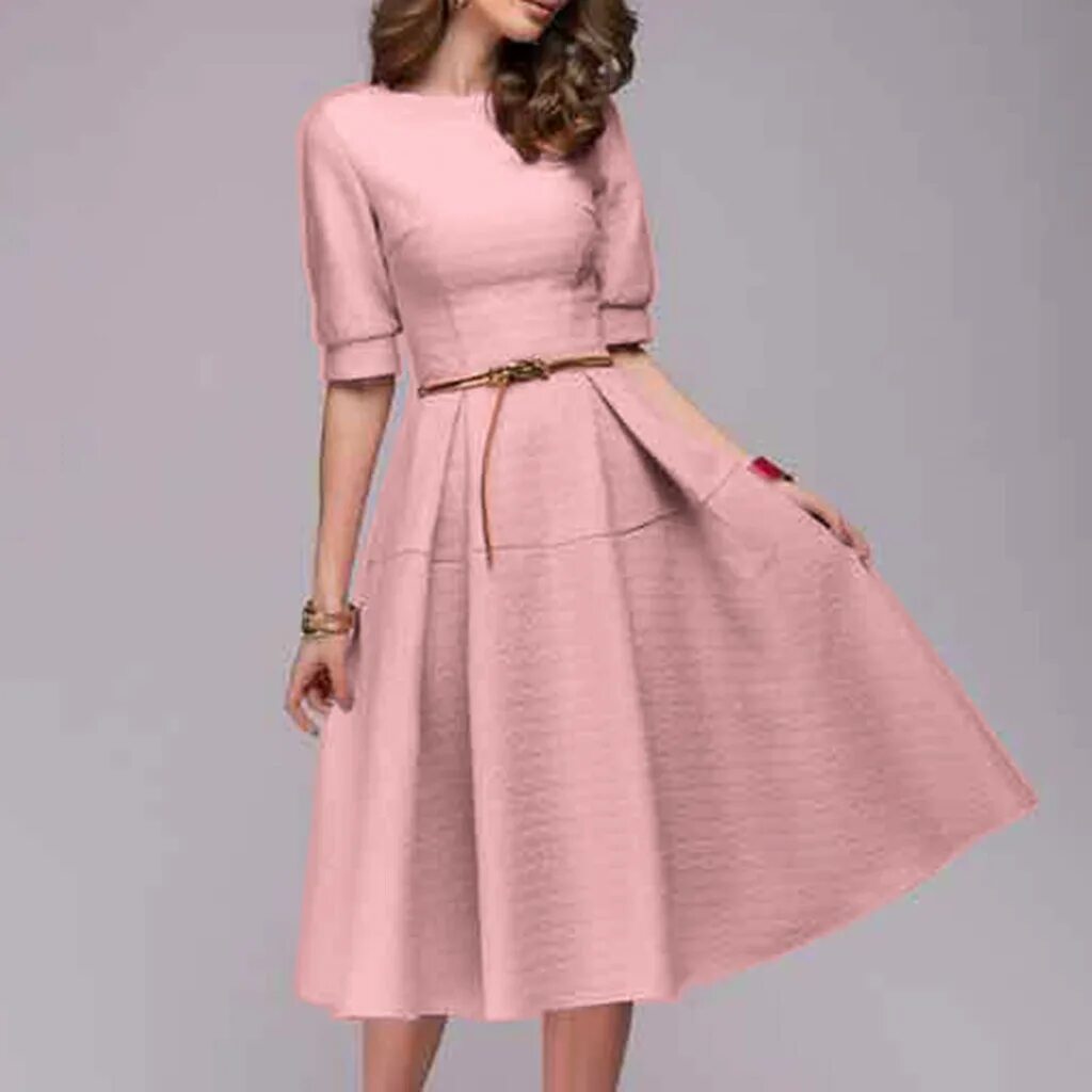 Платья длиной миди фото Женщины Дамы Половина Рукава Повседневная Винтажная Работа Офисное Платье Трапец