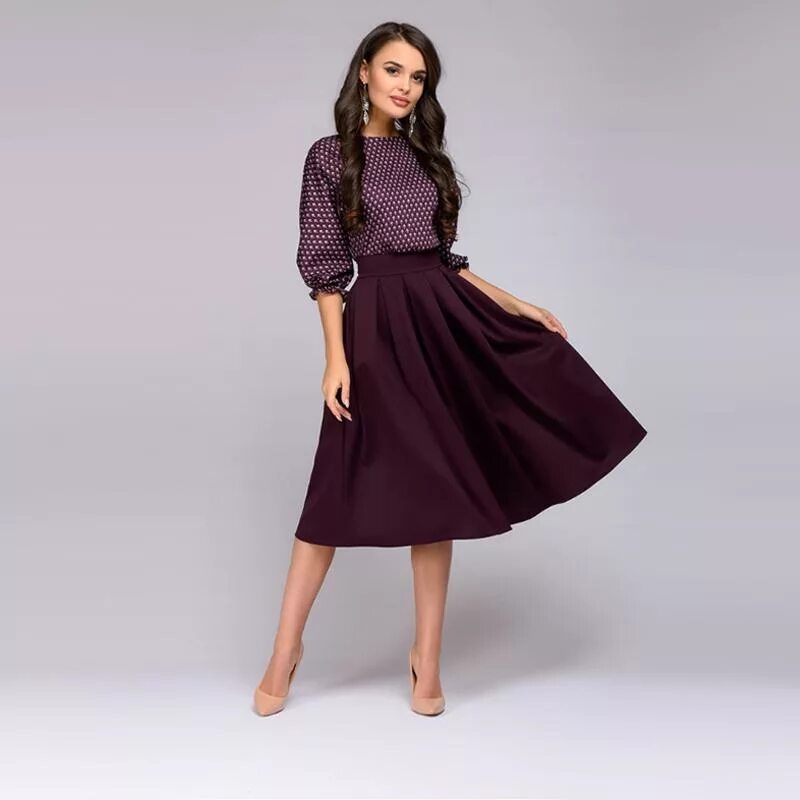 Платья длиной миди фото Women's Autumn Vintage Dot One Line Dress Lantern Sleeve Knee-Length Patchwork E