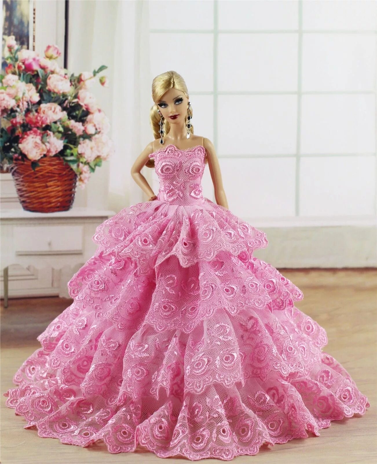 Платья для барби фото Pink Fashion Royalty Dress Clothes Gown with Embroidery Lace For Barbie Doll E11