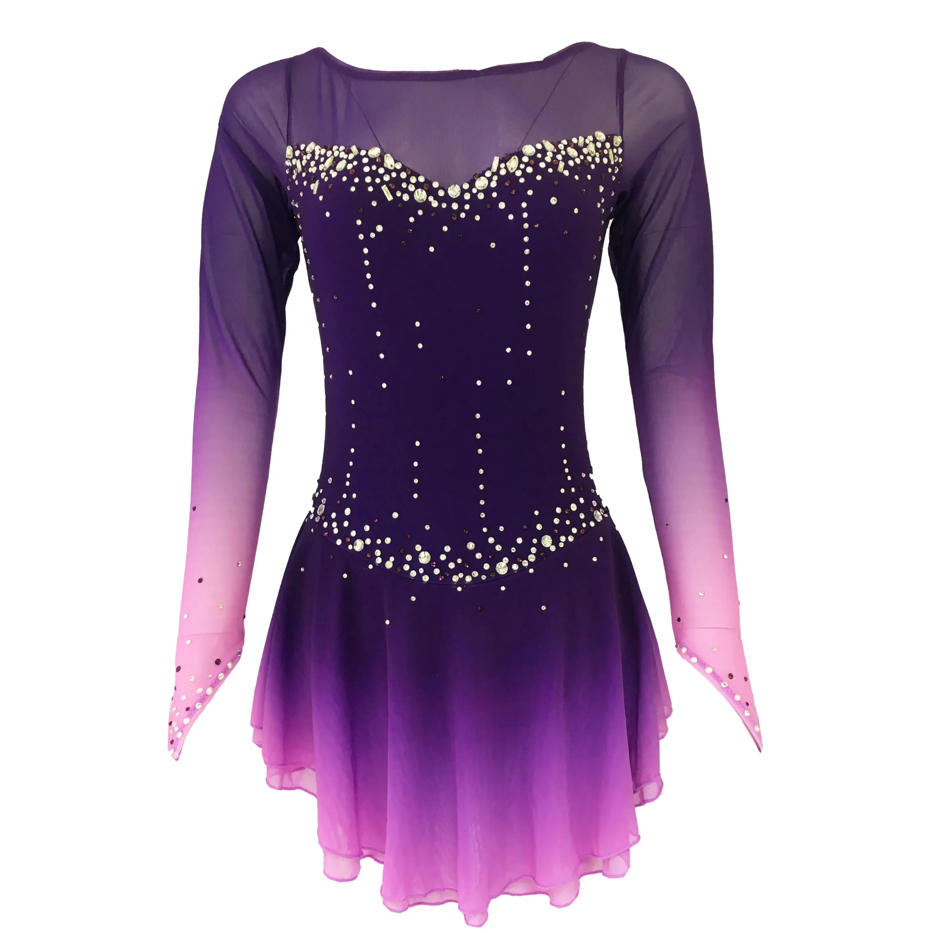 Платья для фигурного катания фото Фиолетовое платье для фигурного катания с рукавами в горошек юбки для конькобежц