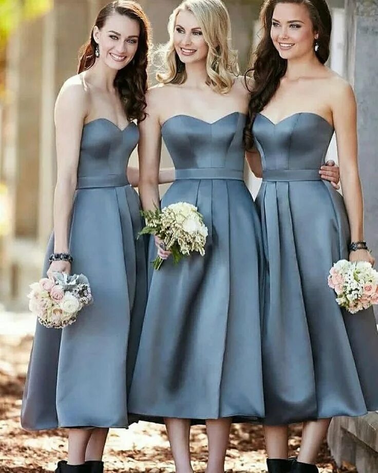 Платья для гостей фото Blue Tea Length Sweetheart Satin Pleated Bridesmaid Dress BD2006 Sweetheart brid