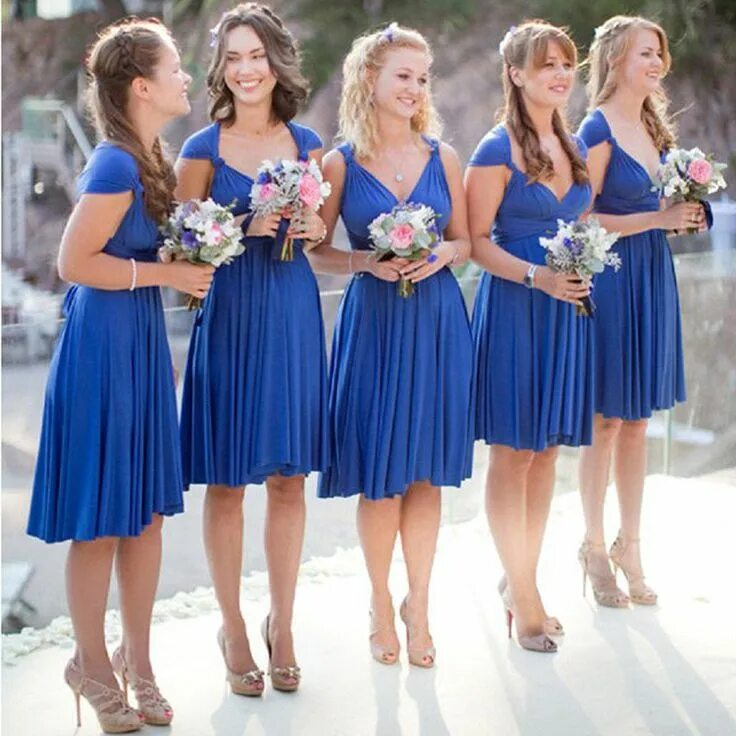 Платья для гостей фото Royal Blue Short Convertible Jersey Bridesmaid Dresses For Summer Wedd - AlineBr