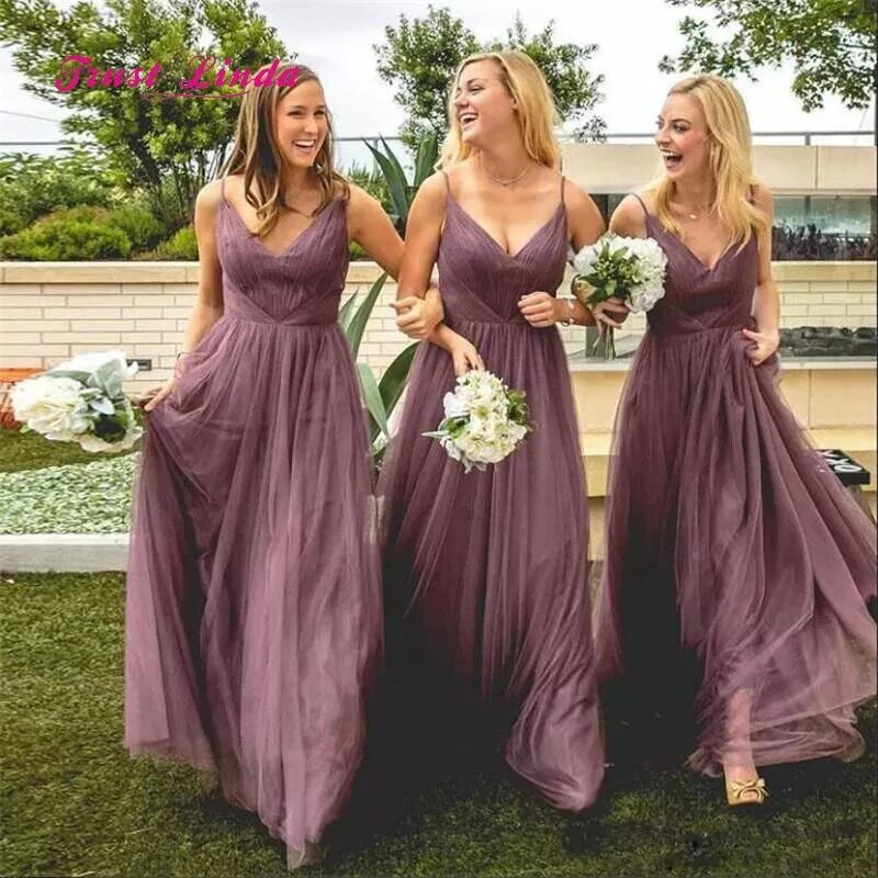 Платья для гостей фото Burgundy Bridesmaid Dresses Spaghetti Straps V Neckline Floor Length Tulle Bride