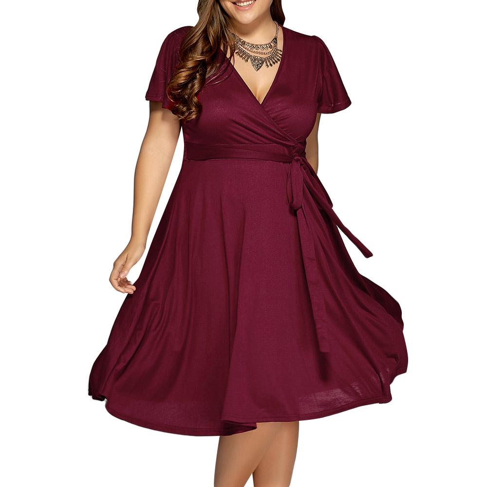 Платья для маленьких женщин фото Low Cut A Line Plus Size Surplice Front Tie Swing Dress купить недорого - выгодн