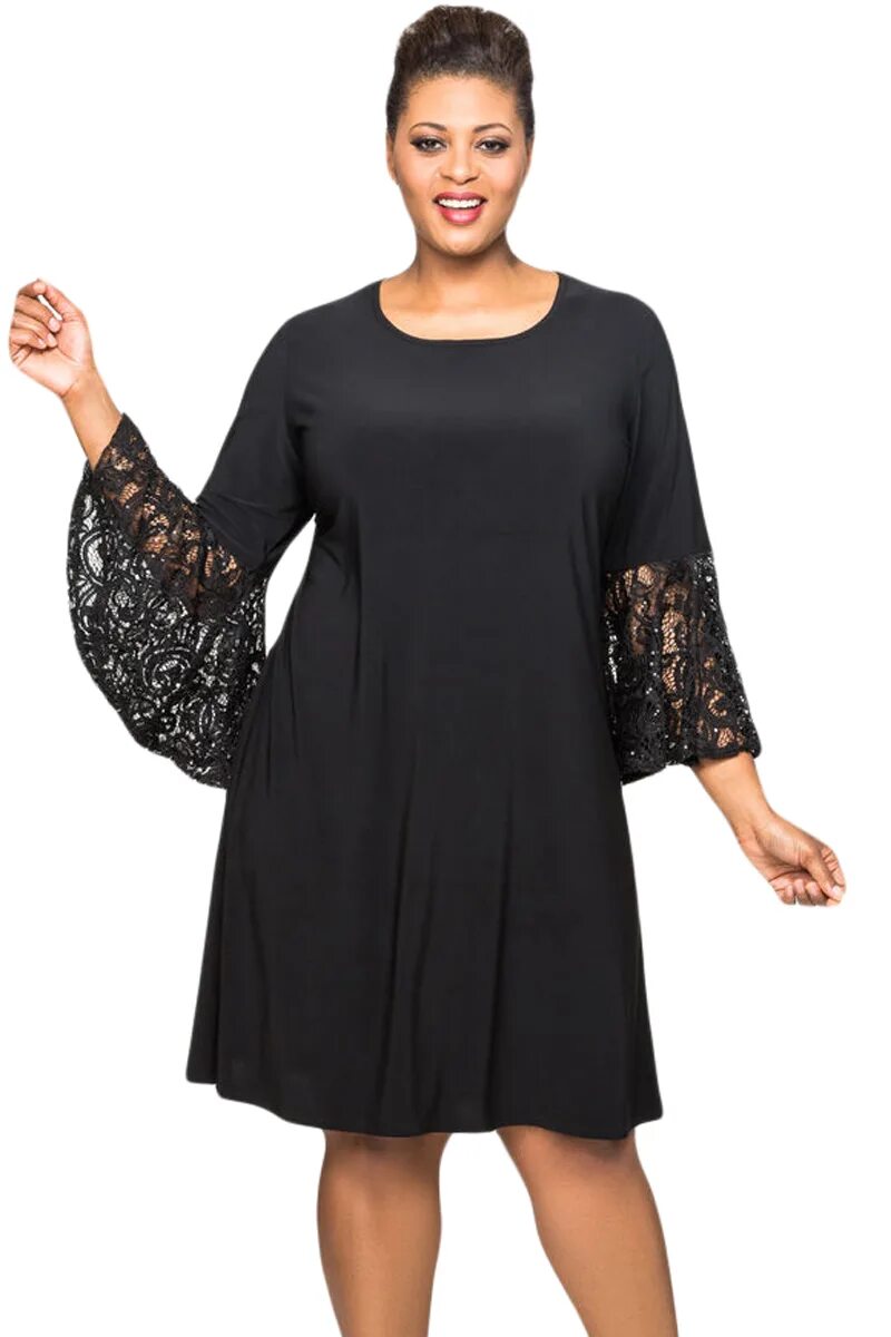 Платья для полных с рукавом фото Черное платье-трапеция с кружевом и пайетками на рукавах арт. 72555 интернет-маг