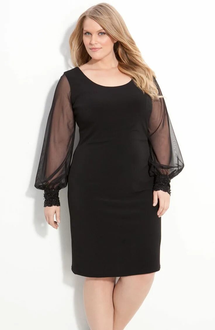 Платья для полных с рукавом фото JS Boutique Black Mesh Sleeve Jersey Sheath Dress Lyst Plus size dresses, Evenin