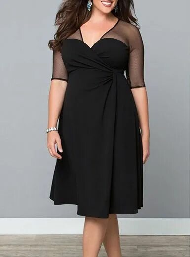 Платья для полных с животом фото Plus Size Midi Dress - Black / Mesh Shoulder and Sleeves / V Neck Плат