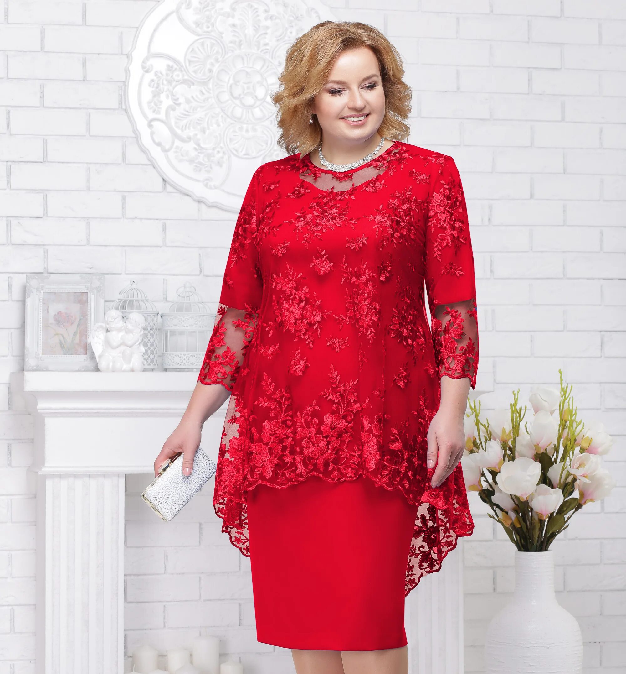 Платья для торжества для женщин фото Платье с кружевной блузой, красный - купить в Москве ◈ цена в интернет-магазине 