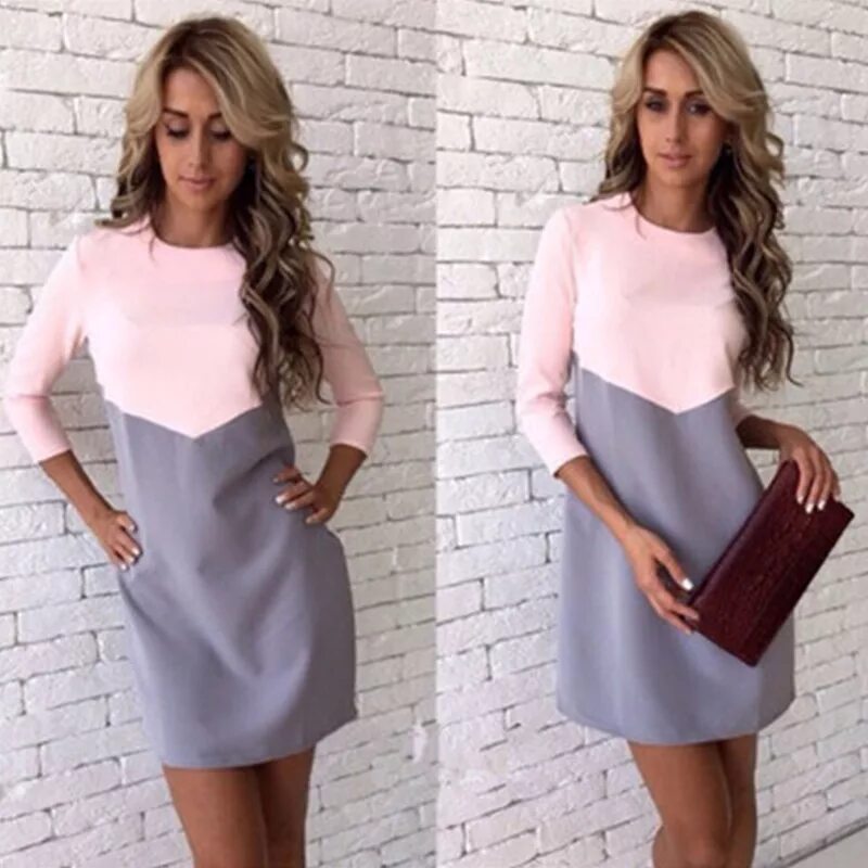 Платья для женщин фото повседневные DICLOUD 2017 Women Spring Autumn Dress O neck Three Quarter Sleeve Patchwork Mid