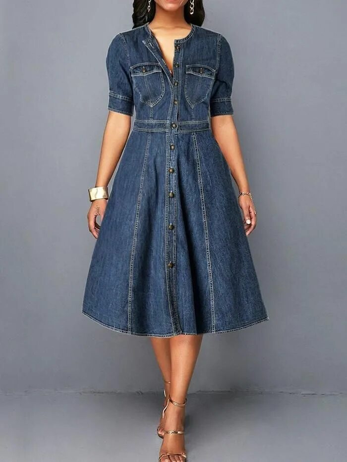 Платья джинс фото Mid-Calf V-Neck Half Sleeve Pullover Expansion Dress Blue shirt dress, Shirt dre